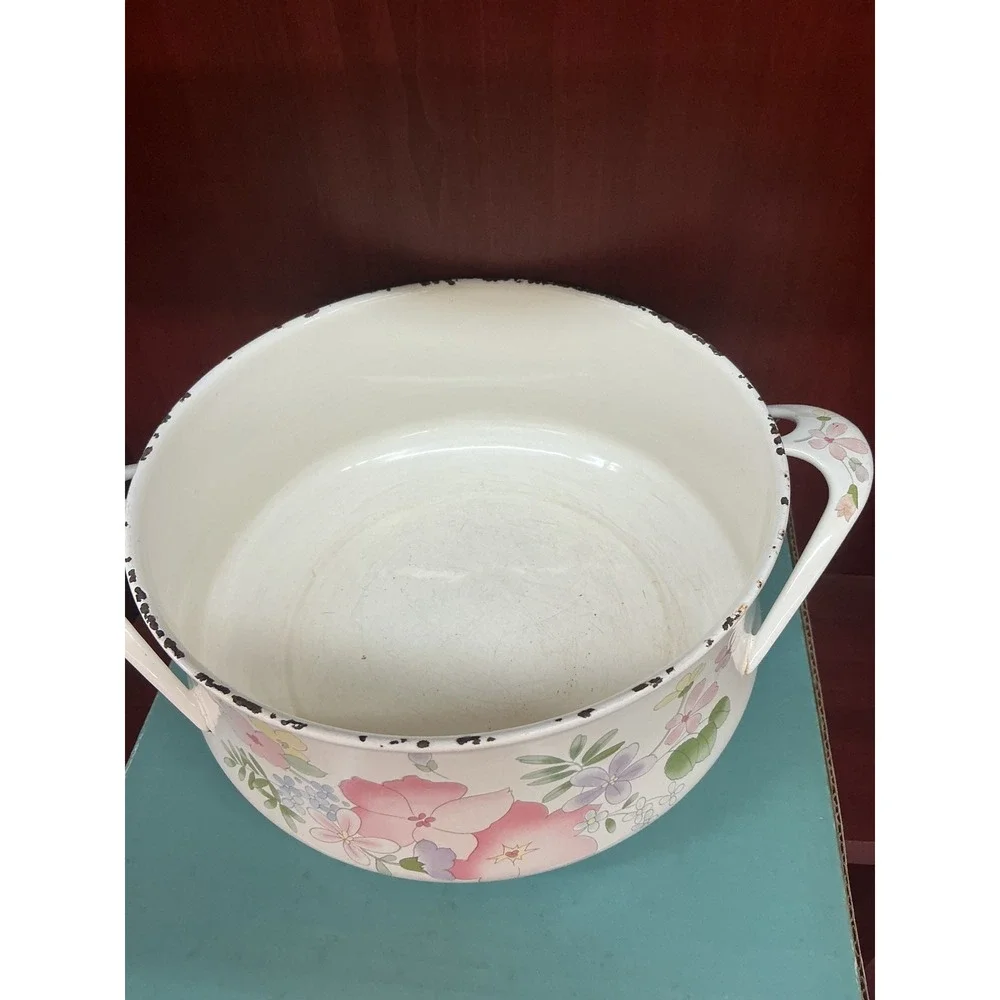 Kobe Cookware Japan Enamel Floral Stockpot Casserole Dish with Lid Vintage White